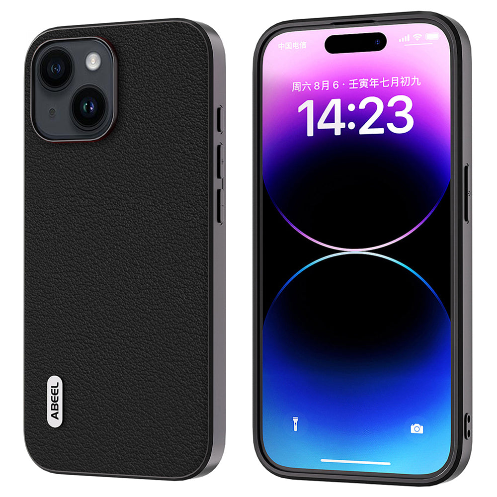 Pouzdro na mobilní telefon ABEEL pro iPhone 15 Plus s texturou z pravé hovězí kůže potažené PC TPU zadním krytem Pouzdro na mobilní telefon ABEEL pro iPhone 15 Plus s texturou z pravé hovězí kůže potažené PC TPU zadním krytem